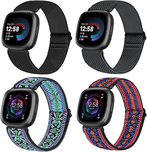 Paquete de 4 bandas elásticas compatibles con Fitbit Versa 43  Sense 2, correas deportivas de repuesto ajustables de nailon para mujeres y hombres