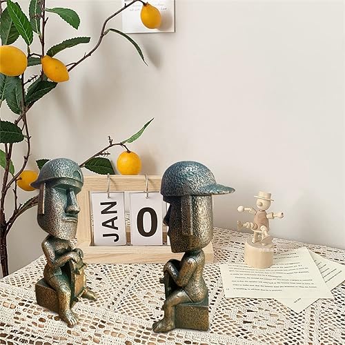 Miniatura 7 de LifExquisite - Estatua de isla de Pascua decorativa, escultura de figura Moai sentado para oficina en casa, divertida estatua de Moai con tapa de