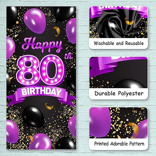 Miniatura 10 de Cartel de feliz cumpleaños 85 morado y negro, decoración temática de globos de confeti de 85 años para mujeres, decoraciones de fiesta de cumpleaños