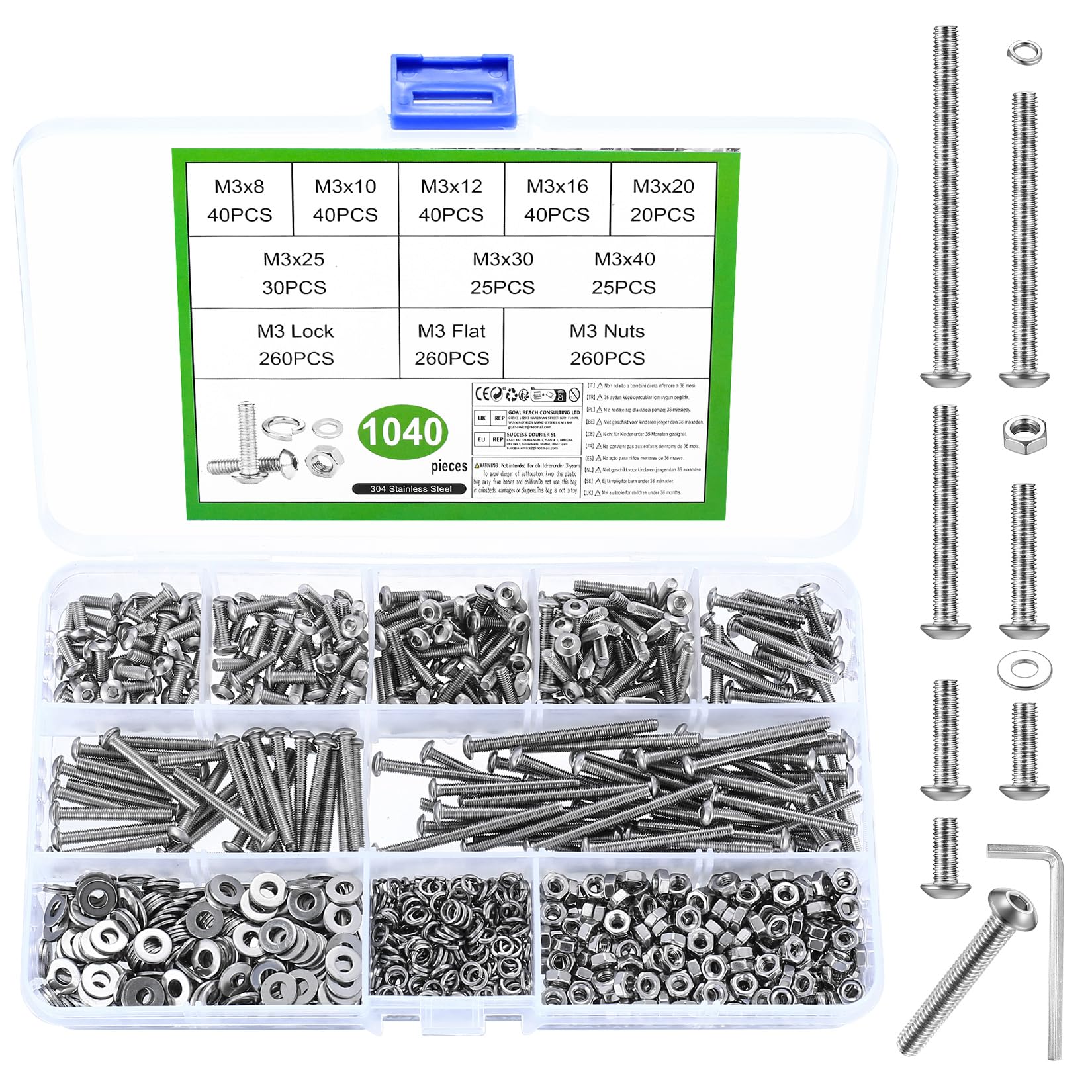 1040 Stk M3 Schrauben Set, Linsenkopf Innensechskantschrauben Muttern Set, Linsenkopfschrauben mit Muttern Set, Maschinenschrauben Sortiment, Gewindeschrauben und Muttern mit Unterlegscheiben Set