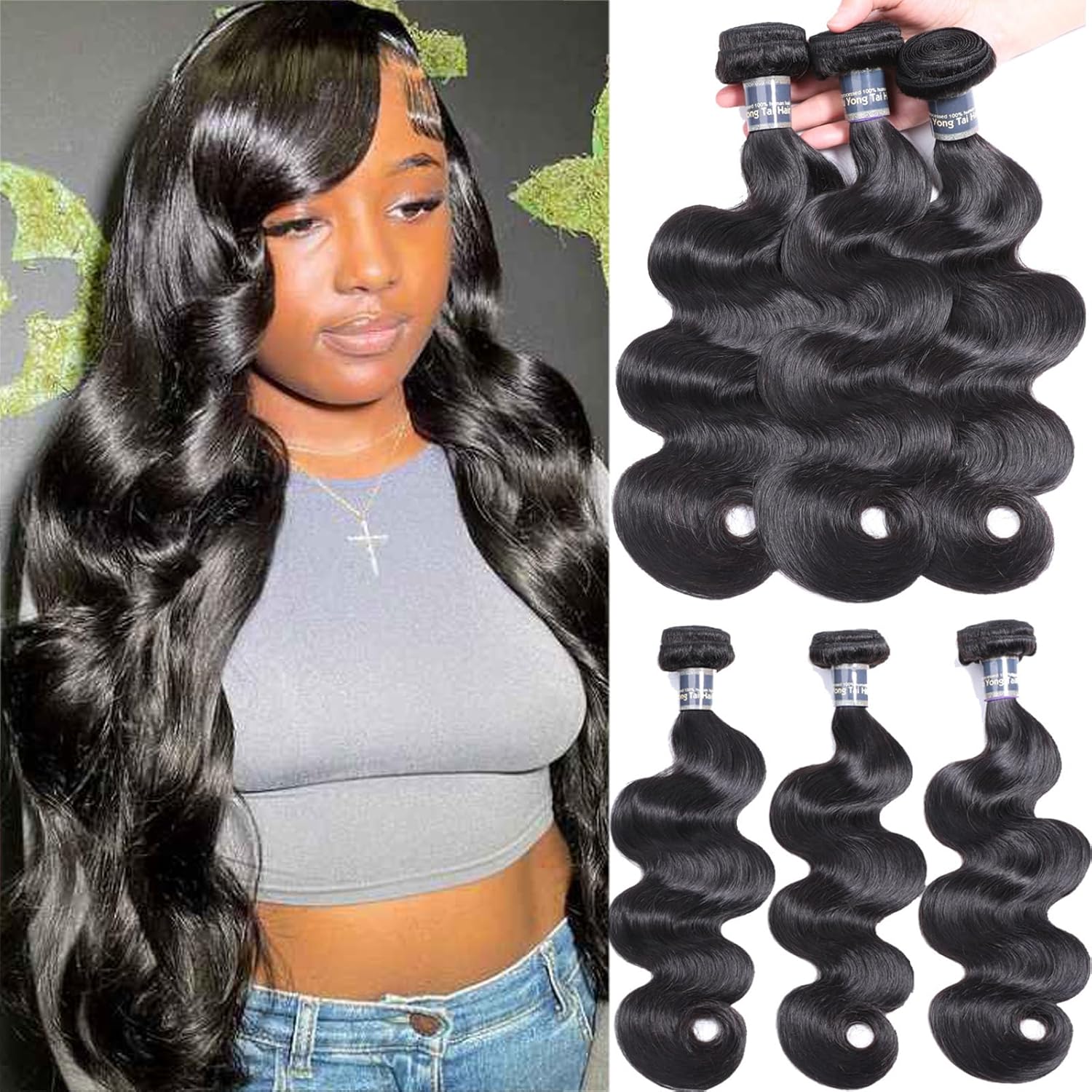 Brazilian Body Wave Human Hair Extensions - 12/14/16 Inch, 8A Virgin, 100% Unprocessed, 1B Color