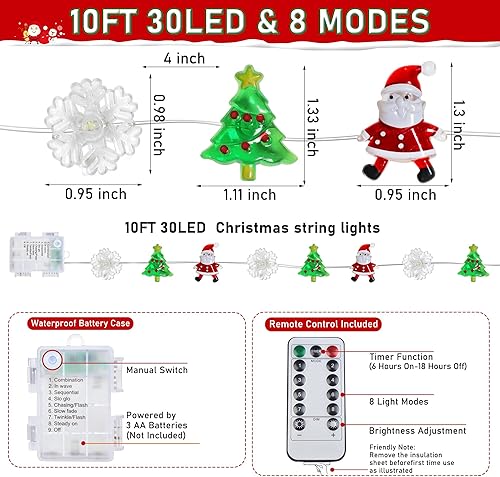 Miniatura 3 de Temporizador Decoraciones de luces de Navidad, 10 pies, 30 LED, funciona con pilas, árbol de Navidad, Papá Noel, copo de nieve, 8 modos de