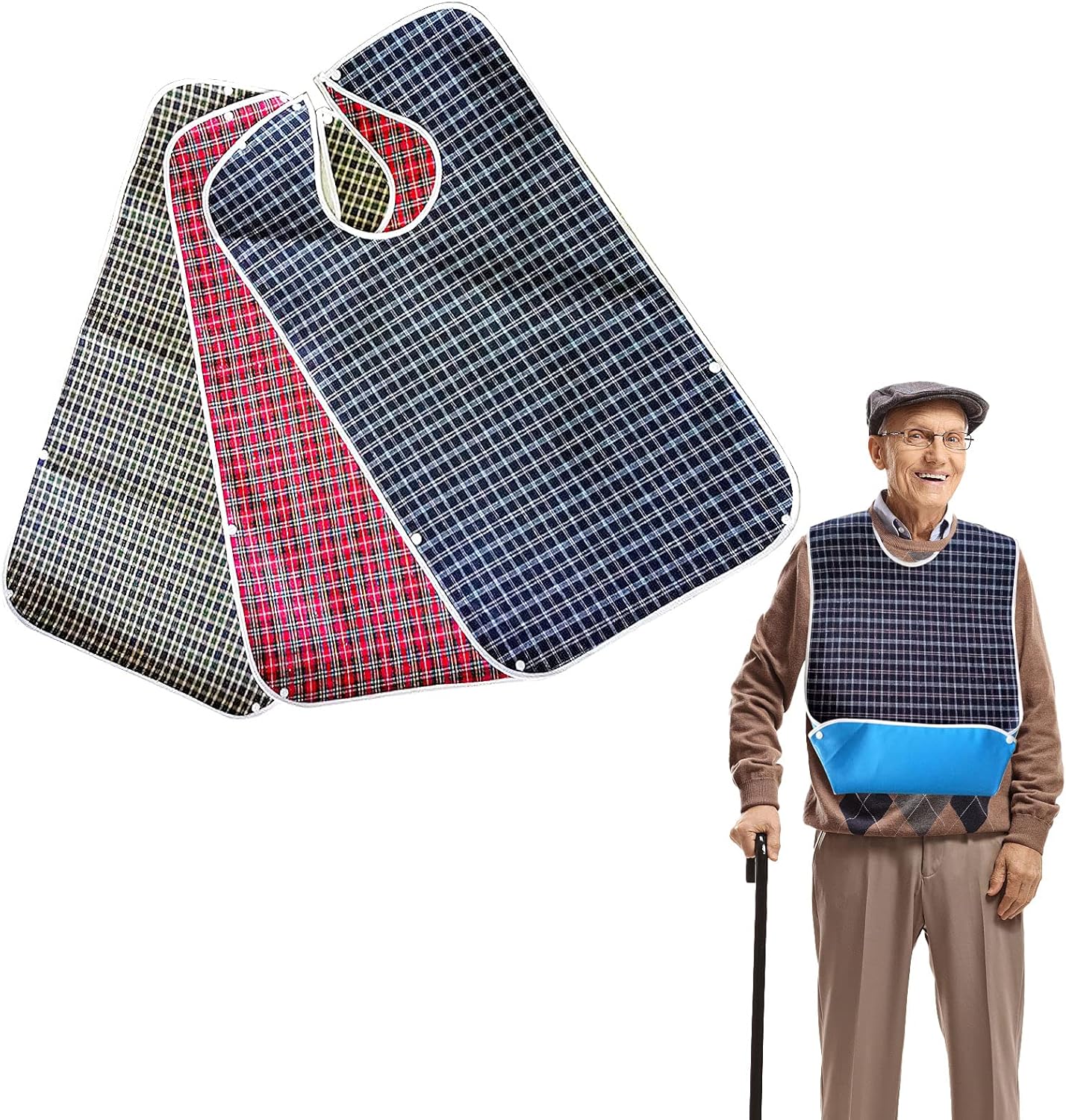 Adult Bibs, 3Pcs Crumb Catcher Adult Bibs with Snaps, Waterproof