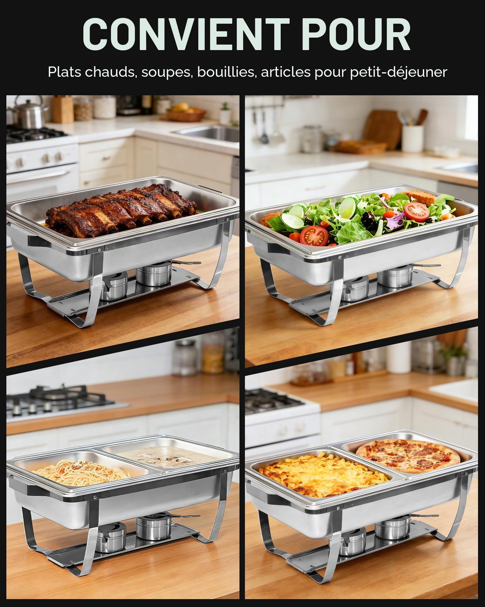 2PCS Chafing Dishes Buffet 9L rectangulaires à Couvercle Roulant, Professionnel Bain Marie [2 bacs Pleine Taille + 4 Demi-bacs] Chauffe Plats pour fêtes, Anniversaires, événements paroissiaux