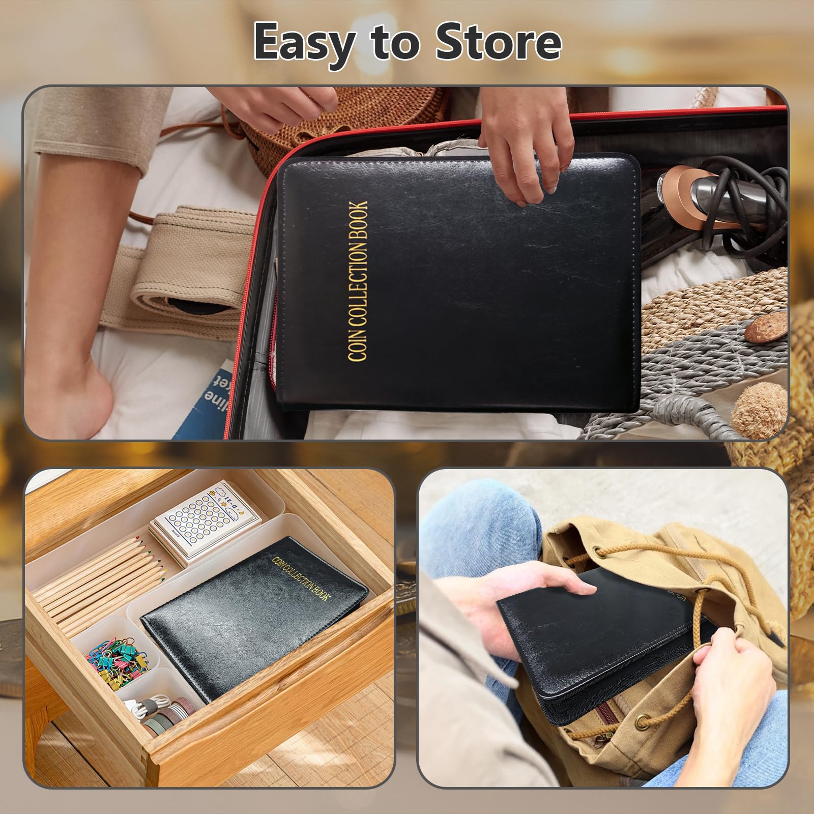 Álbum de colección de monedas para coleccionista, 360 bolsillos con cremallera, 2 páginas de tamaño para monedas de 17/20/23/25/27/30 mm, adecuado para suministros de colección de monedas, centavos