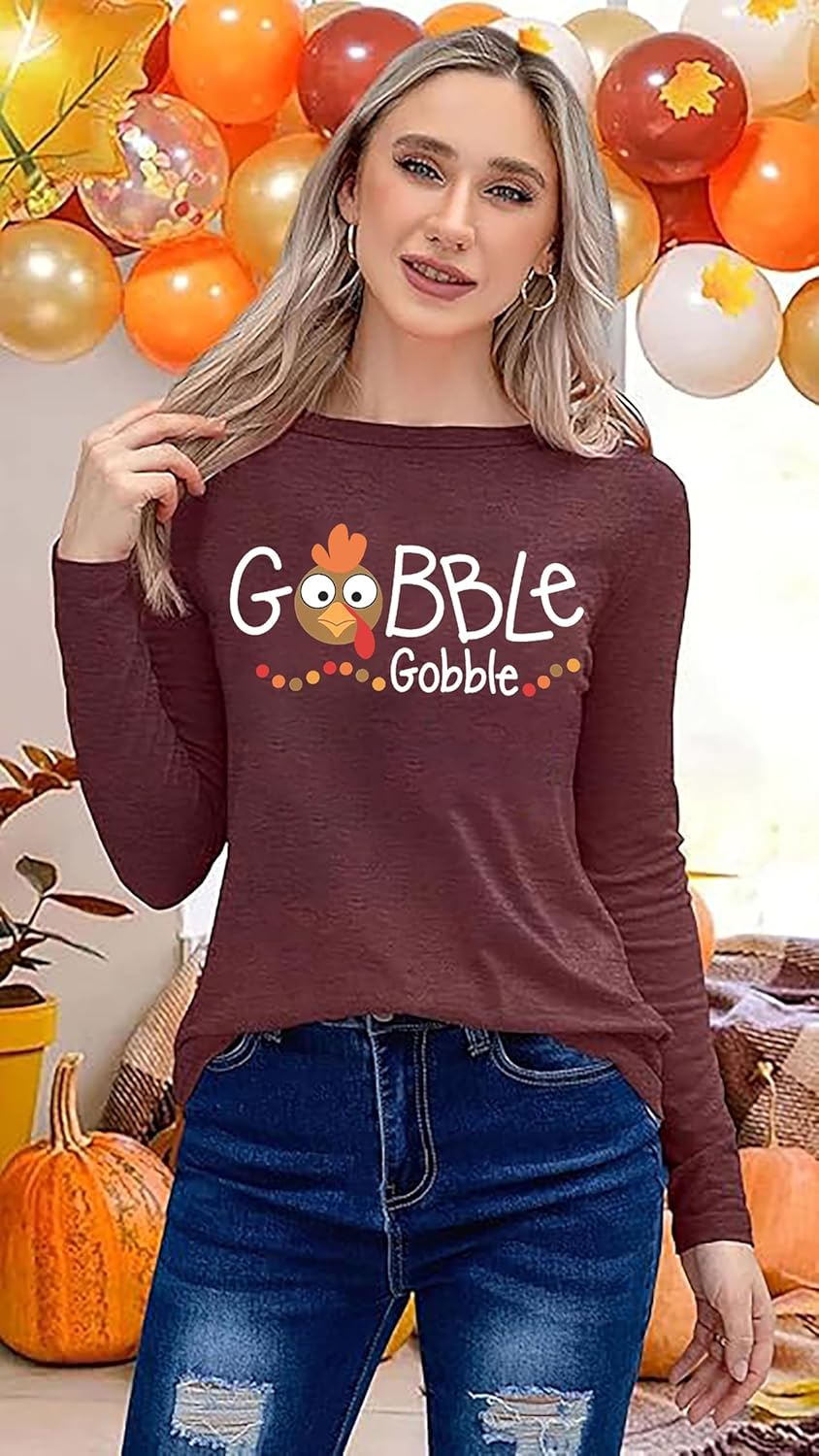 Thanksgiving Shirt Women Thanksgiving Turkey Shirts Cute Gobble Print Tshirt Fall Casual Long Sleeve Tee Top - Image 2