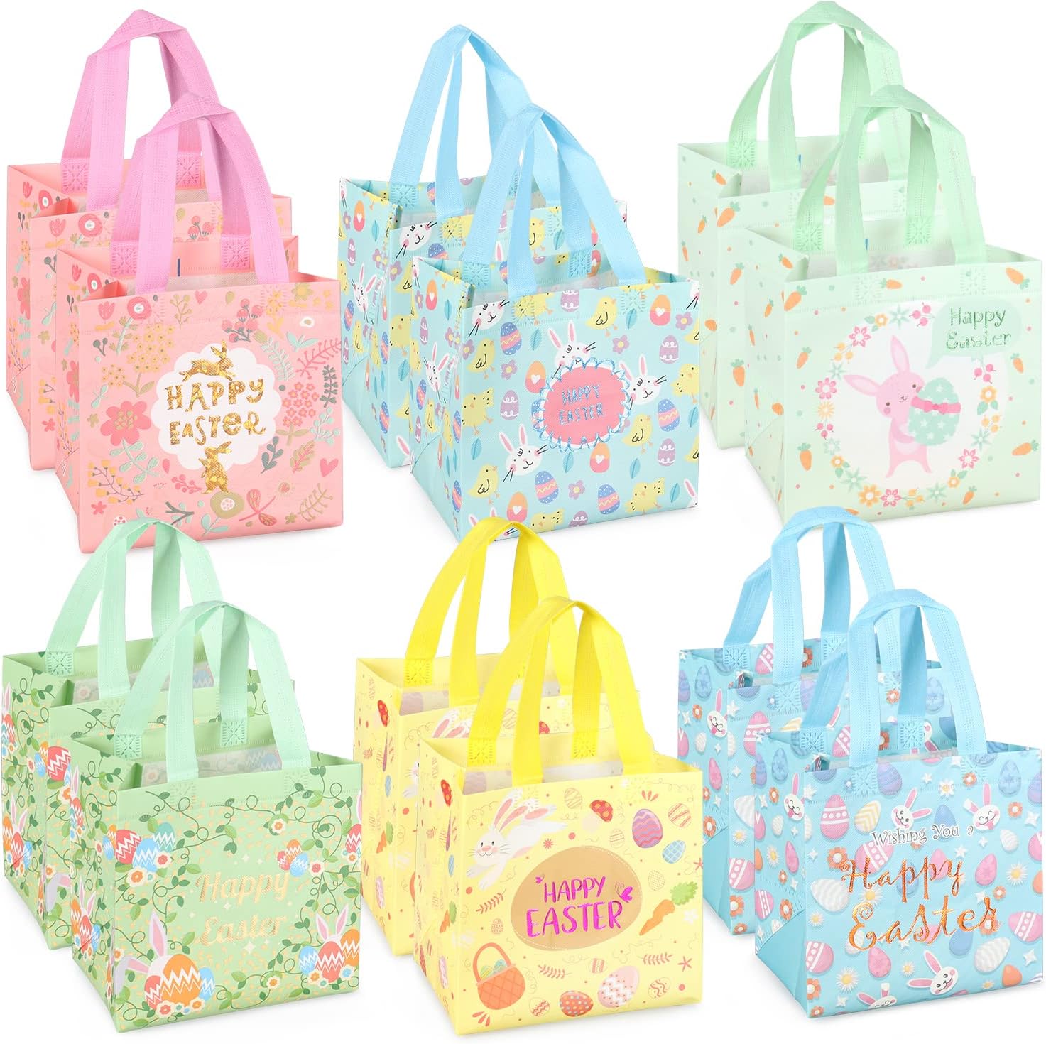 Aviski 12PCS Happy Easter Egg Hunt Bags Bunny Carrot Chick Egg Gift Bag with Handles, Easter Treat Bags, Non-Woven Gifts Wrapping, Spring Party Supplies