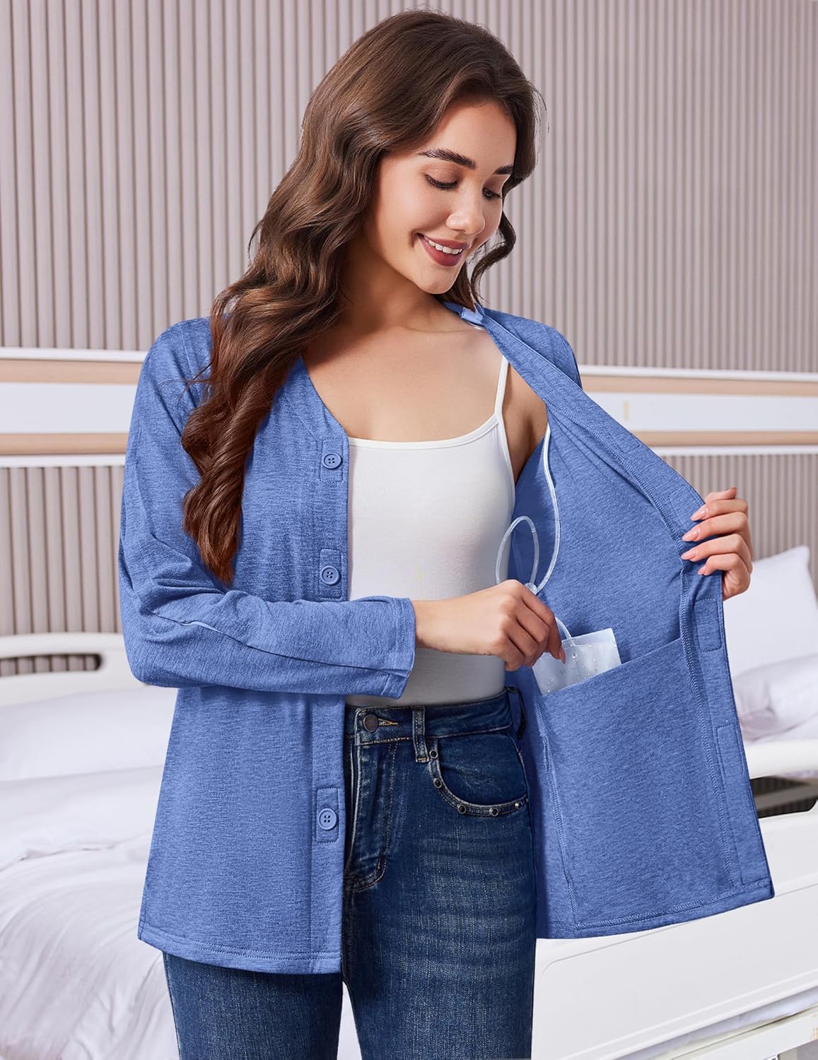 Deyeek Mastectomy Shirts with Drain Pockets Tear Away Side Snap Post Shoulder Surgery Shirts Women Chemo Port Dialysis Shirt - Image 2