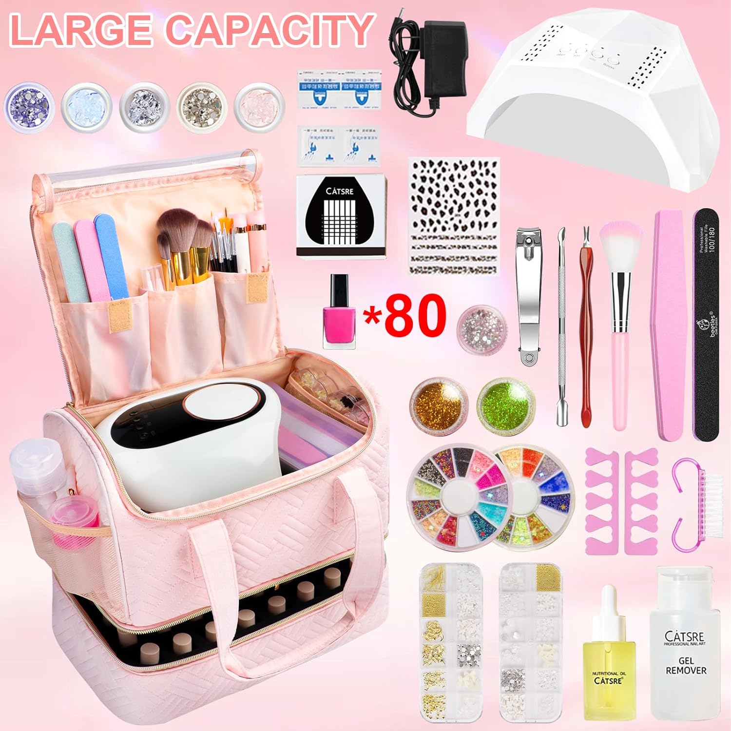 Veirdro Nail Polish Organizer Bag Holds 80 Bottles (15ml/0.5fl.oz)& Nail Lamp, Soft Velvet Nail Kit Storage Carrying Case with Shoulder Strap, Double Layer Nail Supplies Organizer Handbag Women (Pink)