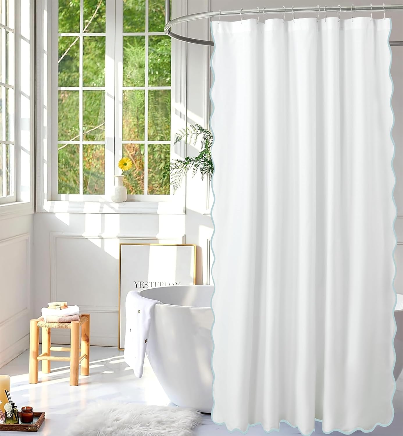 HIG Chic Scallop Edge Shower Curtain – Modern Decorative Coastal Bathroom Curtain for Home Decor, White and Aqua Elegant Minimalist Textured Cloth Bath Curtain, 72x72 Inch