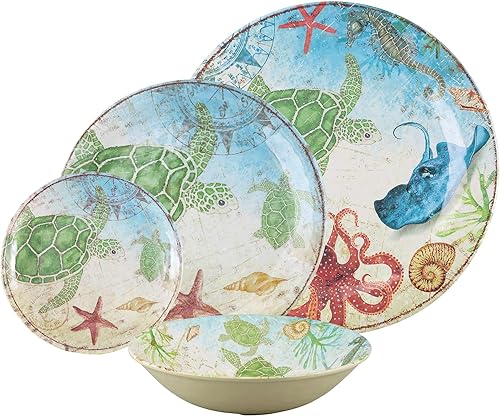 Miniatura 2 de UP ware - Juego de vajilla de melamina de tortuga marina de 16 piezas, juego de platos para exteriores, juegos de platos y cuencos, servicio para 4,