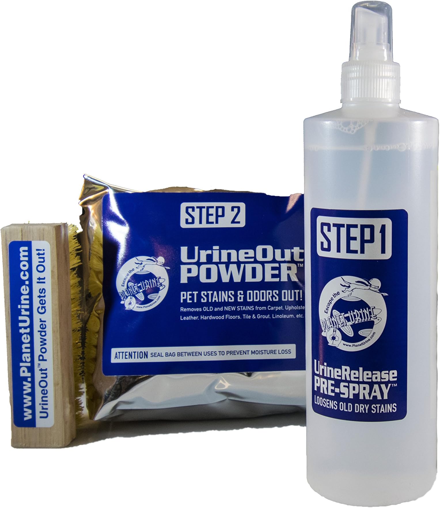 Pet Odor Eliminator System, Dog and Cat Urine Remover, 16 Oz UrineRelease PreSpray & 4 Lb UrineOut Powder, with Scrubbing Brush