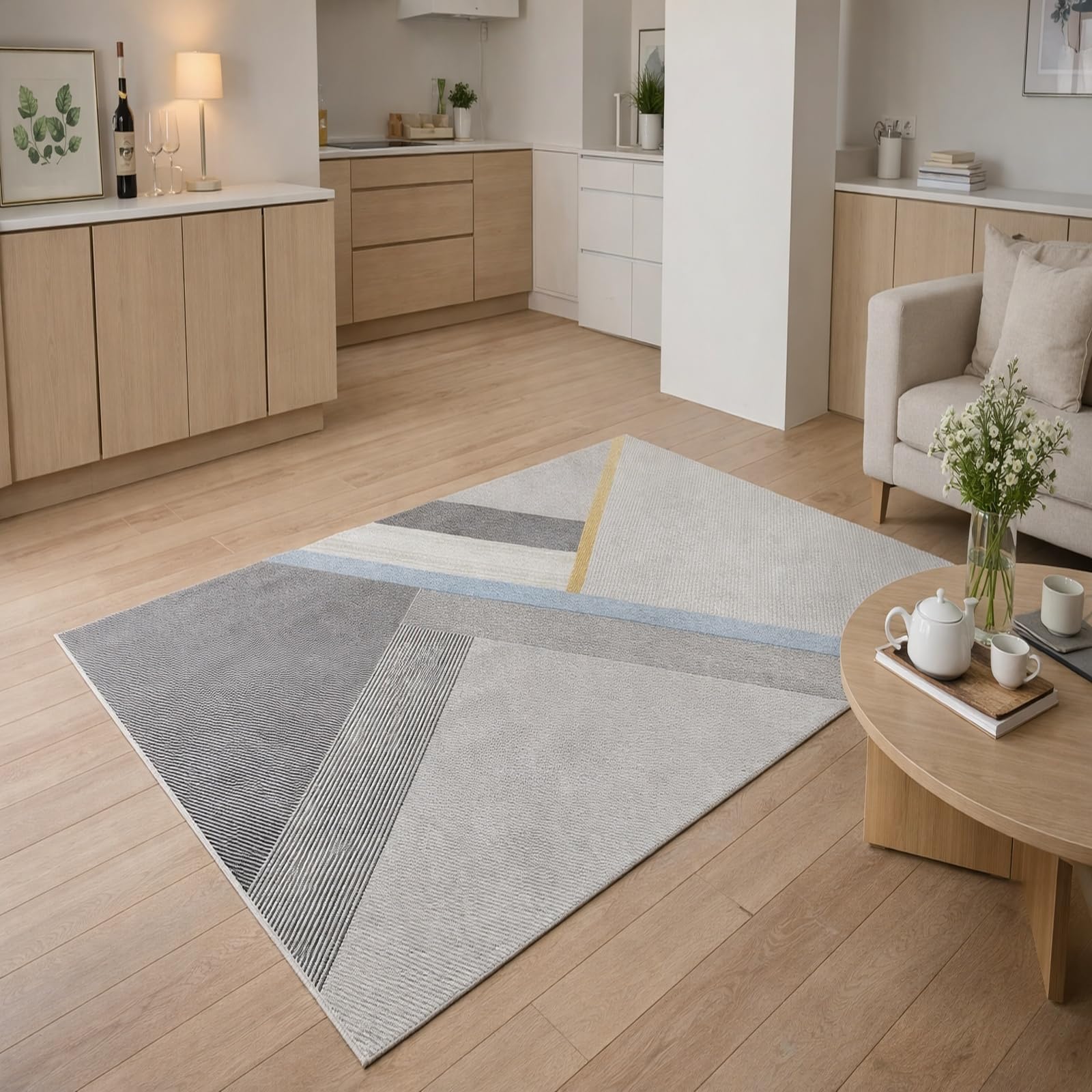 Alfombra de salón geométrica gris para un dormitorio cálido y moderno