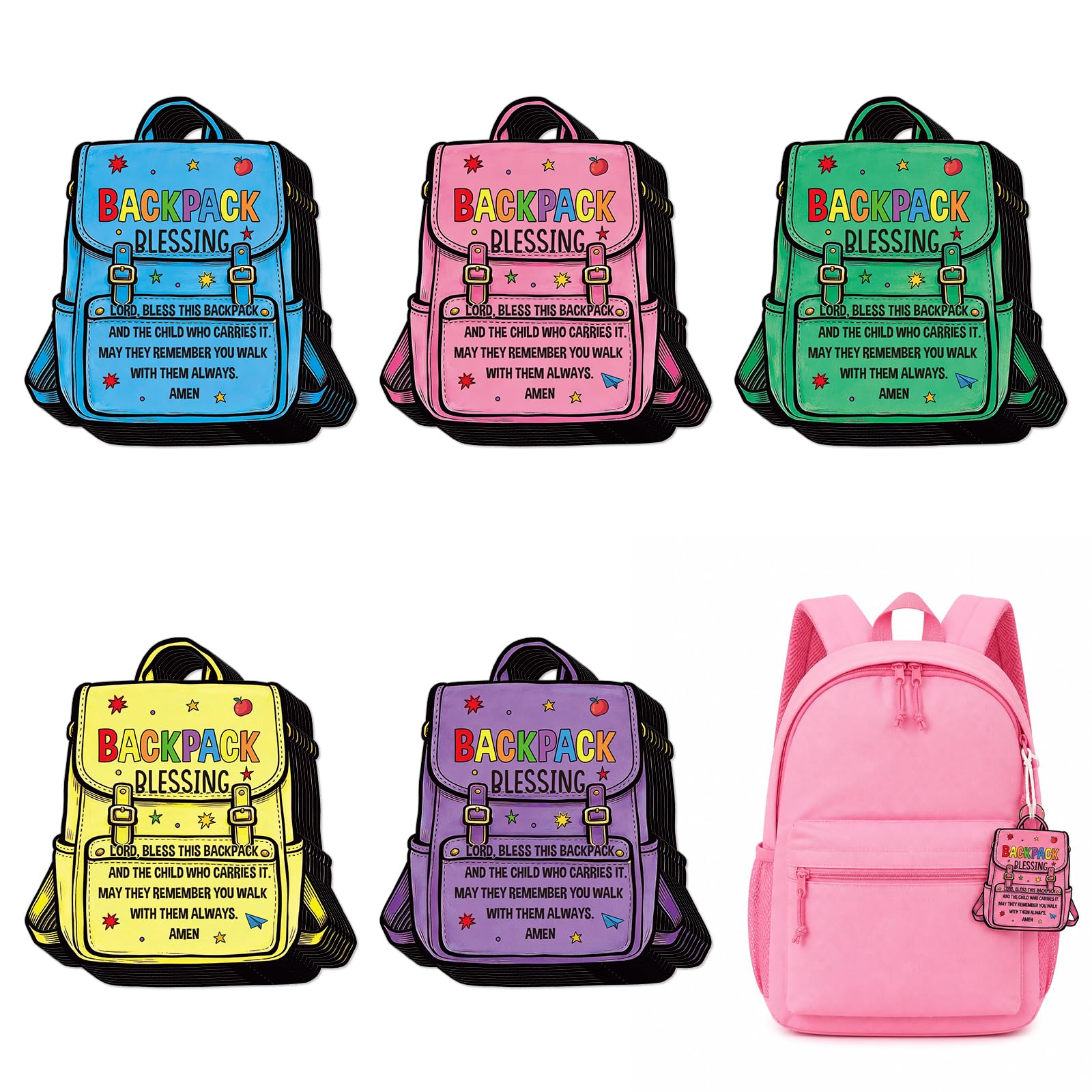 Aposwow Religious Backpack Blessing Tags, Back to School Gifts Classroom Party Favor Supplies, Schoolbag Shaped, Schoolbag Shaped Backpack Blessing Tags