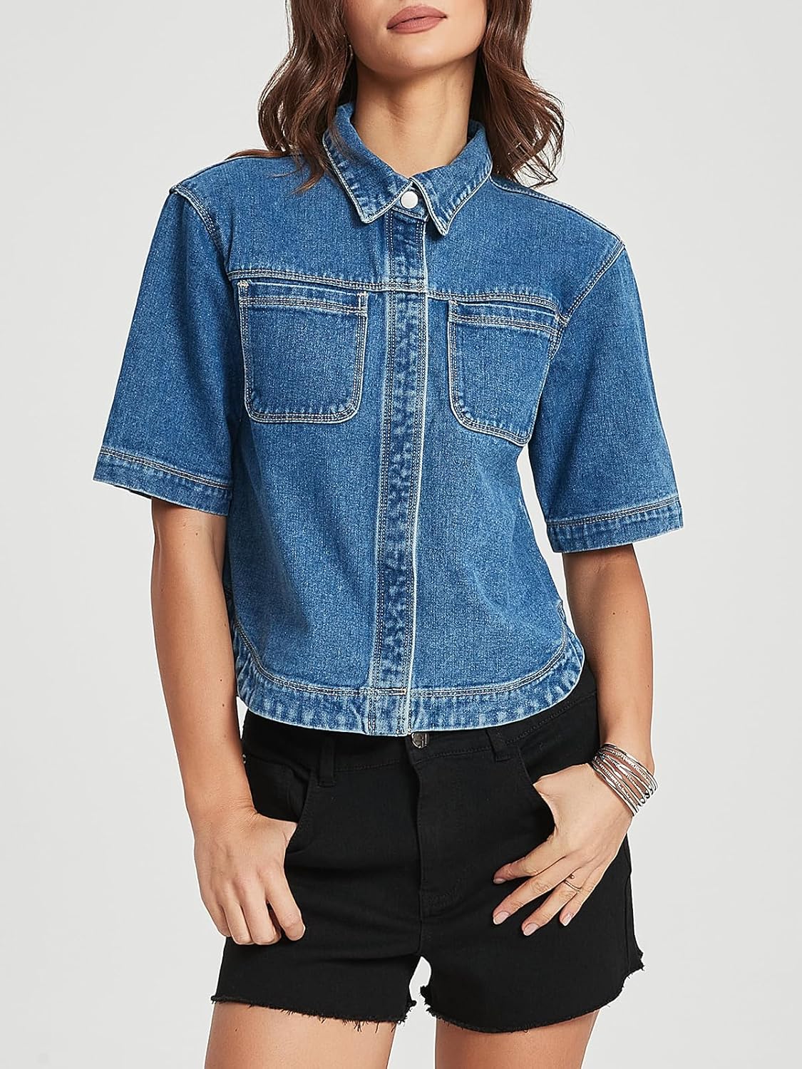 Kedera Women Denim Shirt Tops Short Sleeve Button Down Casual Jean Coat Trendy Jacket Shacket