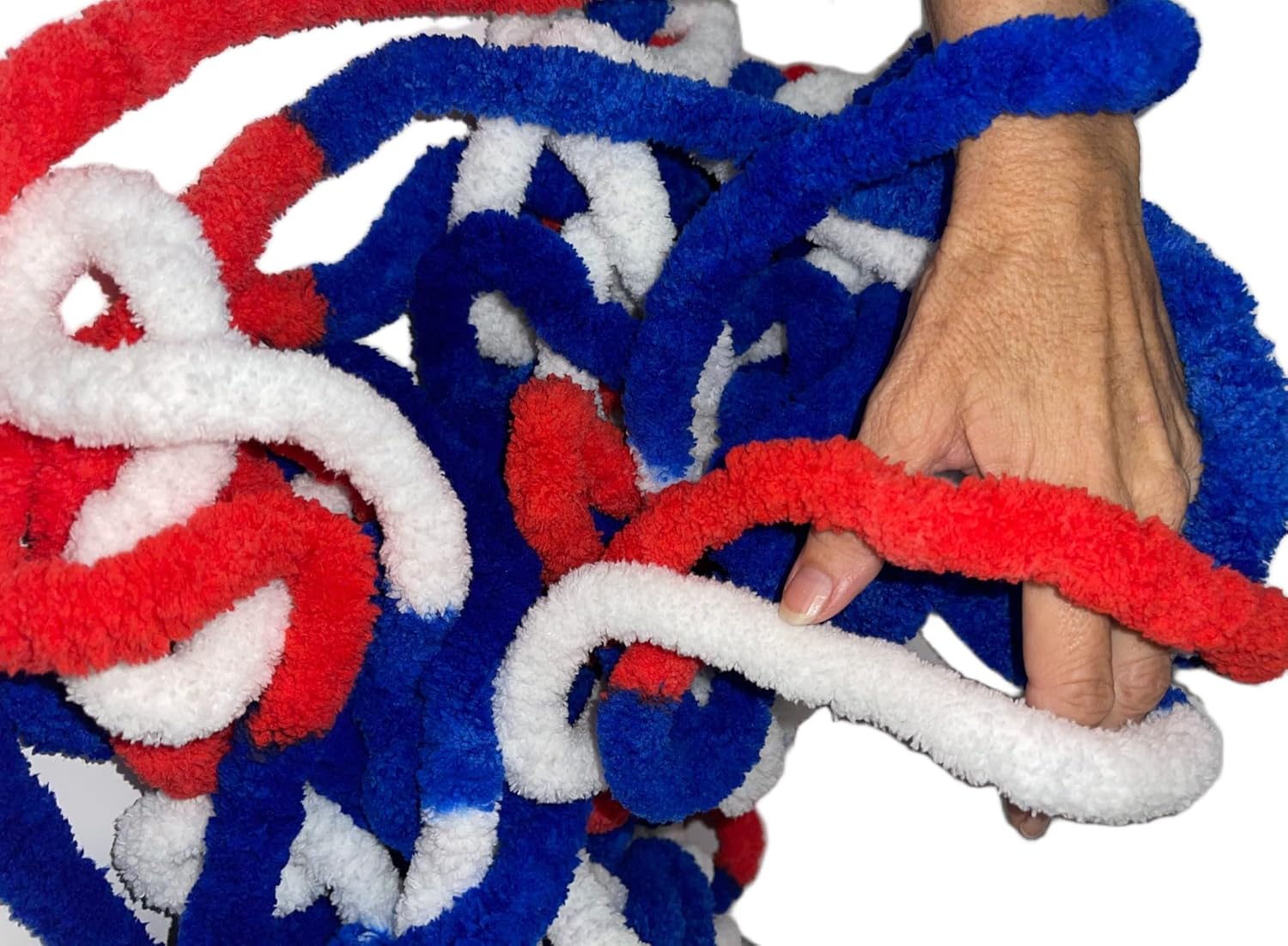 4- Pack Chunky Chenille Multi Color Red White Blue Yarn Crocheting Handknitting Big Bulky Fluffy Soft Chunky Beginner Blanket Jumbo Thick Wide Yarn DIY Craft Décor Costume 1 Skein 28 yds