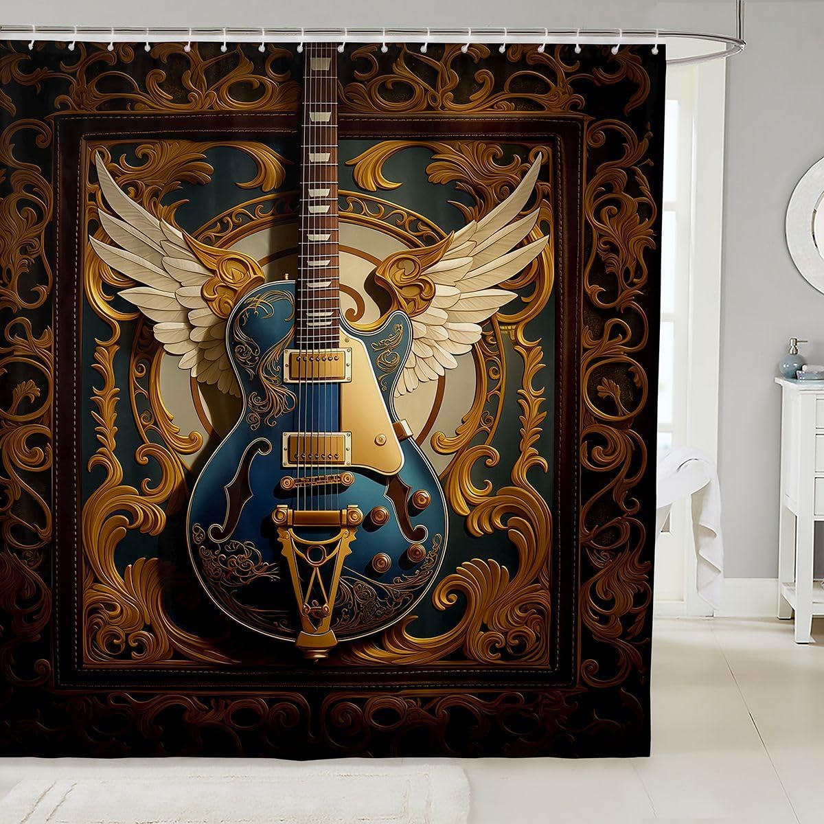 Erosebridal Guitar Bathroom Curtain for Men Adults - Retro Baroque Rock Style Shower Curtain 72" Wx78 L Luxury Angel Wings Guitar Bathroom Accessories,Rock Roll Music Aesthetic Shower Decor