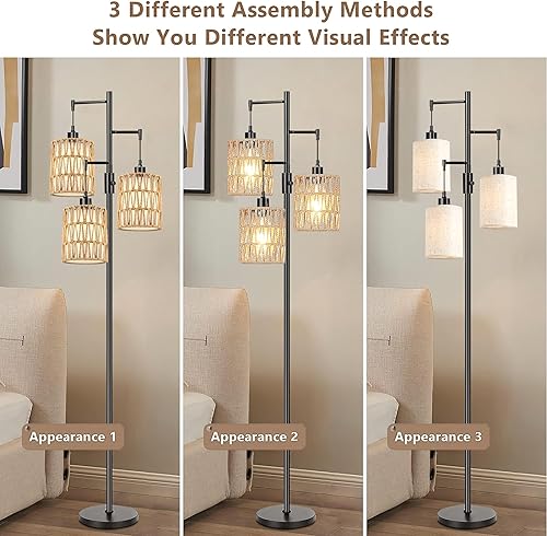 Miniatura 4 de Lámpara de pie bohemia para sala de estar, dormitorio, lámpara de pie regulable con 3 bombillas LED, lámpara alta rústica, lámpara de pie negra,