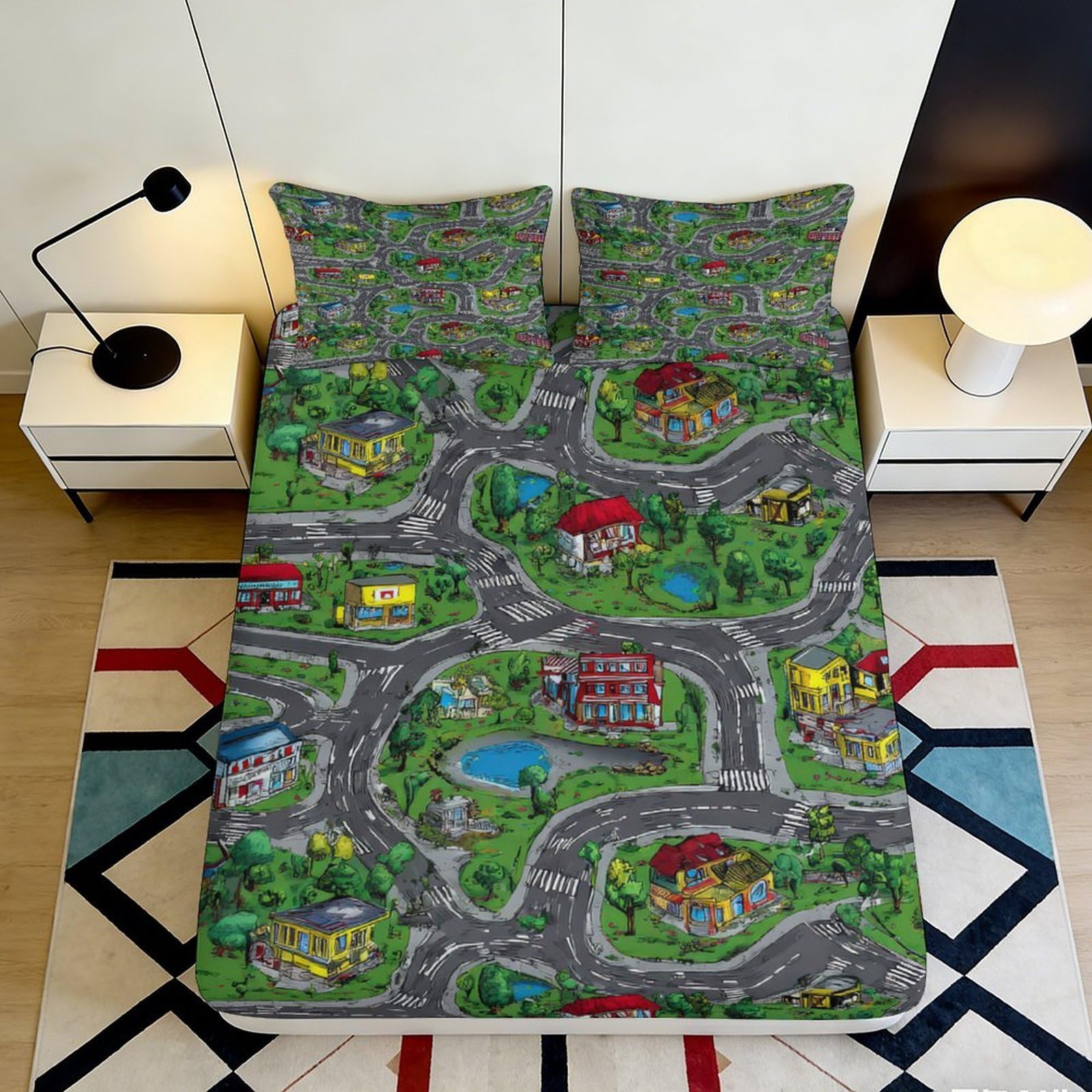 Pnayamiorkfel Style-8 3D Printed City Road Map Fitted Sheet Microfiber Soft Breathable Town Landscape Bed Cover For Bedroom Dorm Decor 90X200x25cm