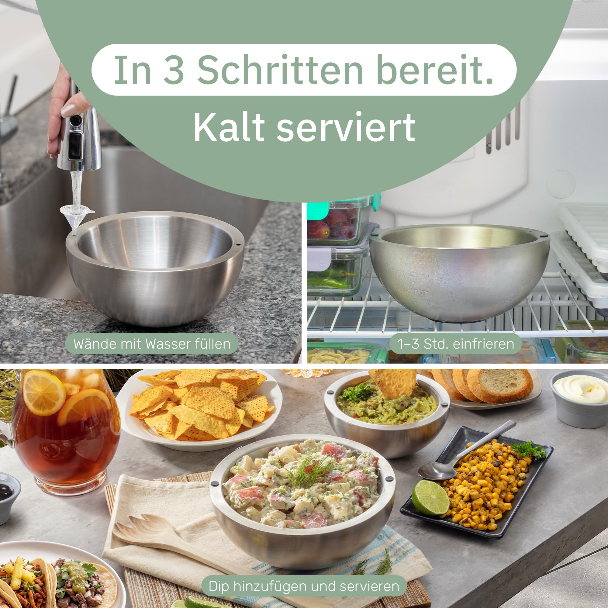 Useful Co. Dipschalen Set, Doppelwandige Isolierschüssel — Einfrieren für kalte Dips, Heißes Wasser für warme Speisen, Snackteller & Salad Bowl, Edelstahl, 530 ml & 1 l (2er-Set)