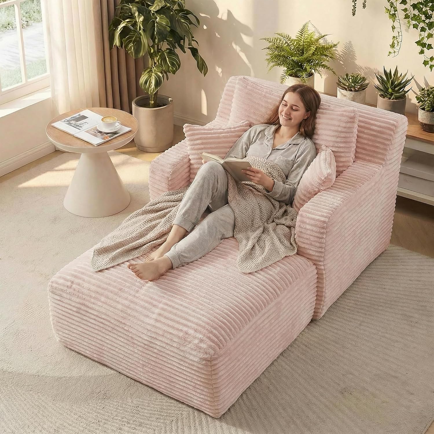 65" D Oversized Chaise Lounge Chair Indoor, Corduroy Upholstered Boneless Sofa Bed with 3 Pillows, Deep Seat Sleeper Couch for Living Room, Office, Apartment, Pink