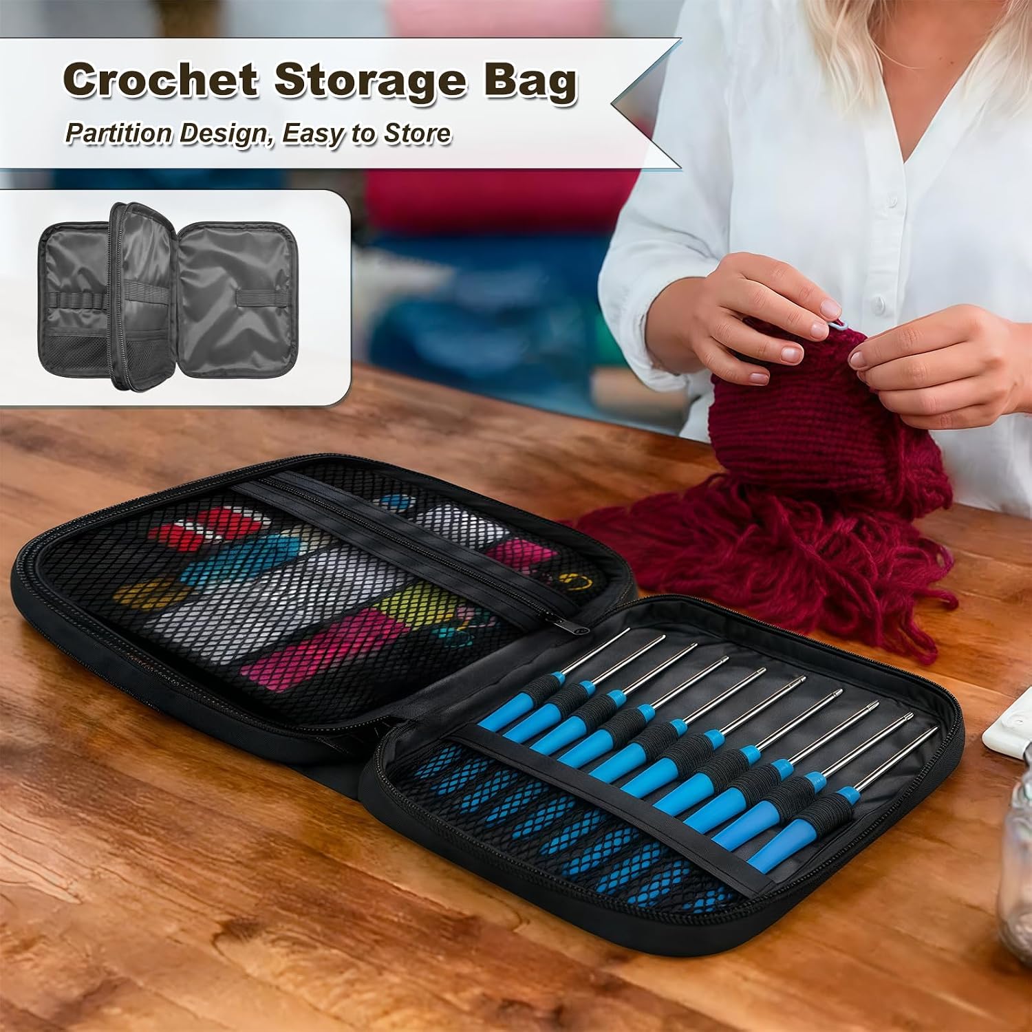Gmeyutqy Crochet Hook Case, Highland Cow Floral Portable Zipper Storage Organizer Bag with Web Pockets for Various Crochet Needles and Accessories Lightweight Washable Fabric