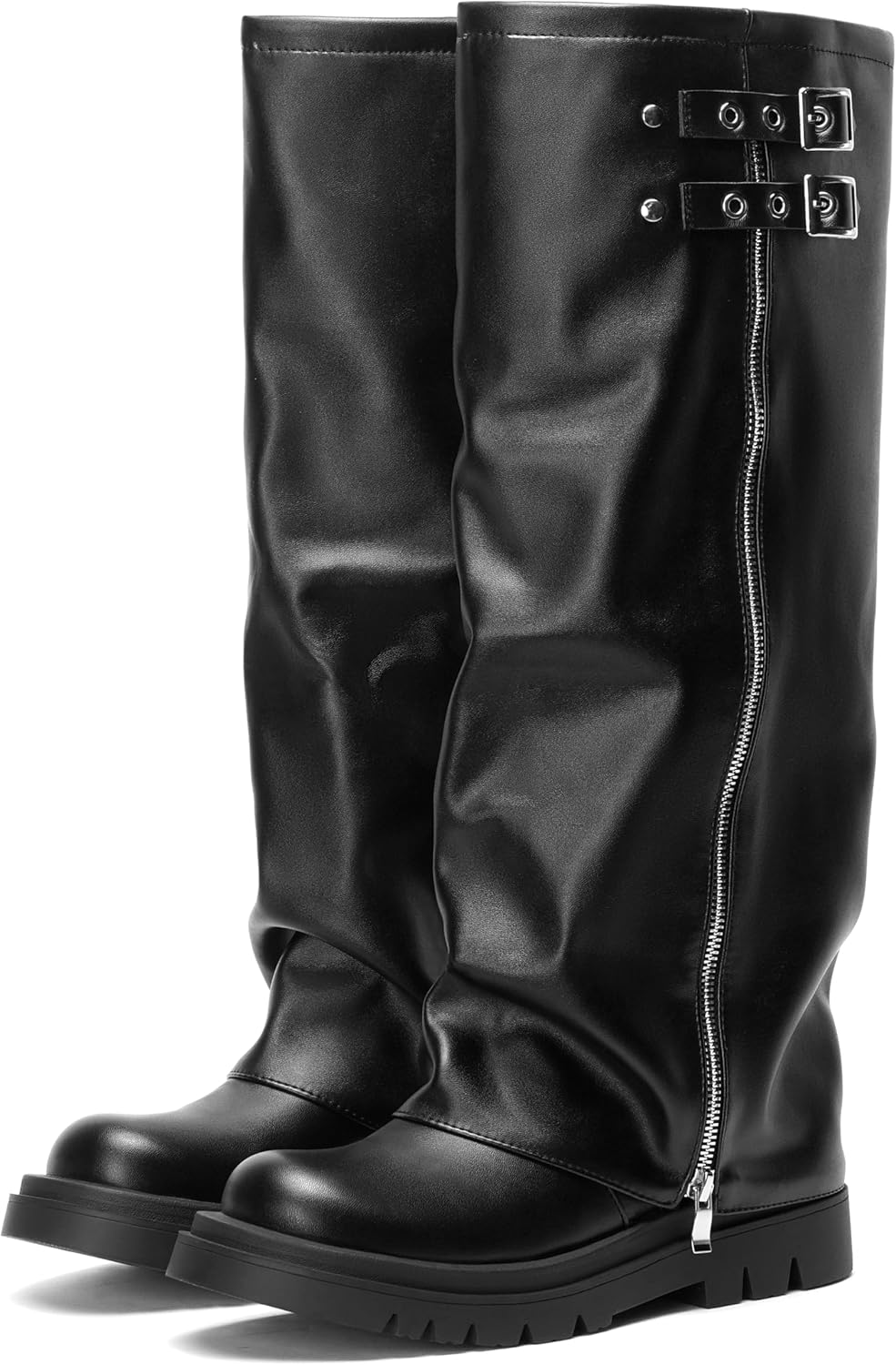 Women's Fold Over Knee High Boots Round Toe Comfortable Flat Platform Chunky Heel Shoes Slip-on Combat Moto Biker Riding Boots Long Boot - Image 8