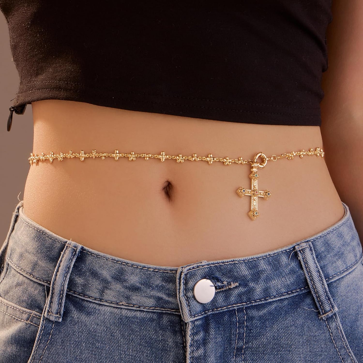 Gold-tone Waist Chain for Women, 18K Gold-tone Plated Cross Belly Chain for The Waist Adjustable Waterproof Sexy Bikini Waist Chain Summer Non Tarnish Body Chain for Dress