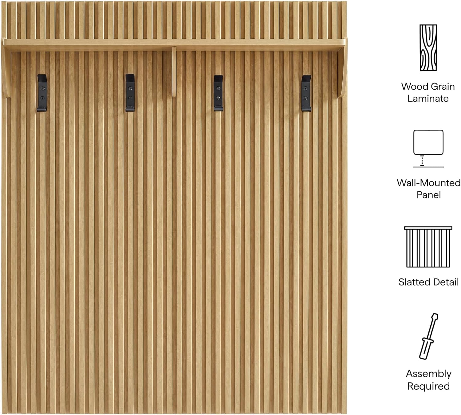 Modway Render Modern Fluted Wood Coat Rack Panel in Light Oak with Shelf and Hooks – Wall-Mounted Entryway Organizer for Hallway, Mudroom, or Foyer