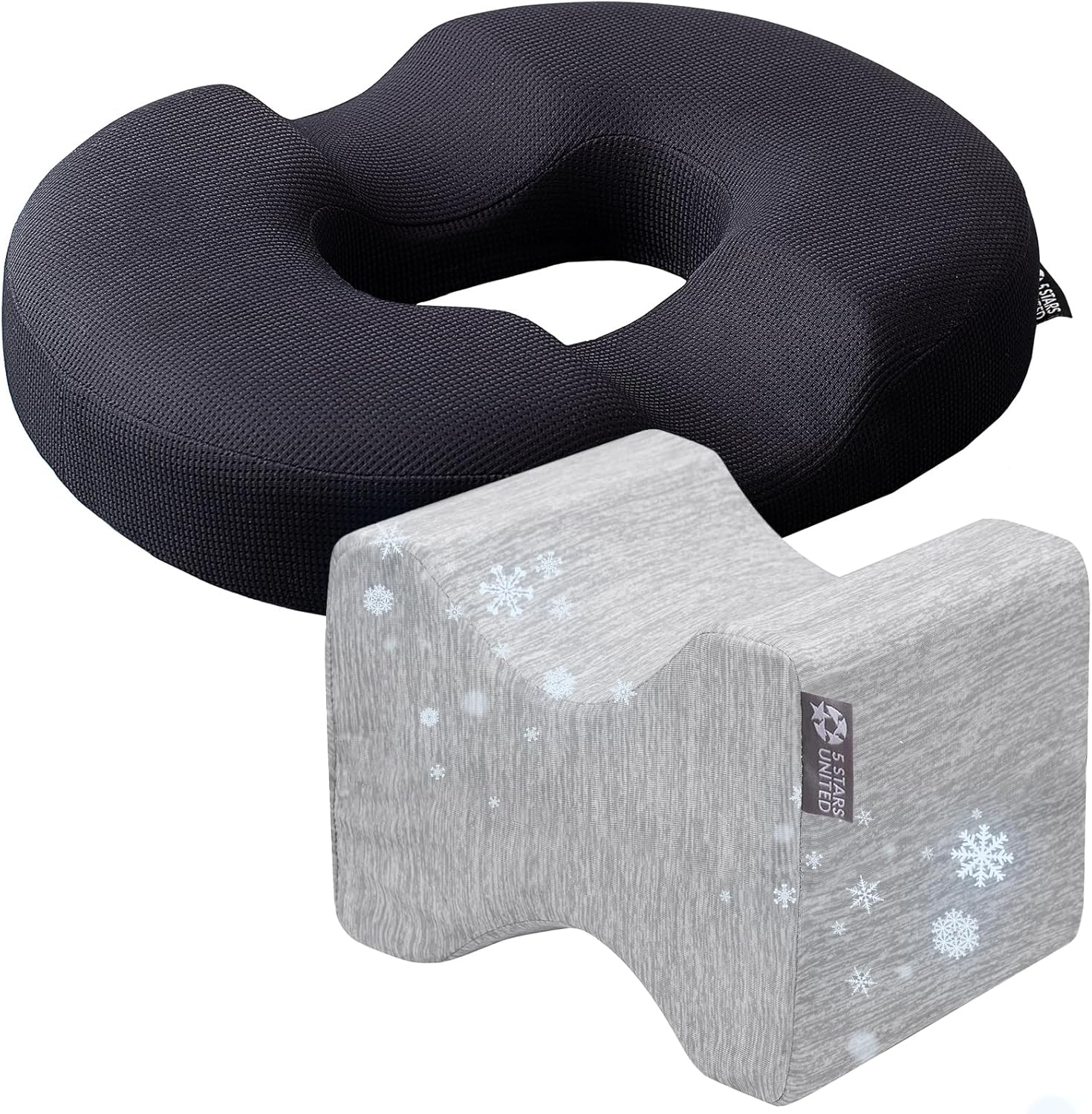 5 STARS UNITED Knee Pillow for Side Sleepers - 100% Memory Foam and Donut Pillow Hemorrhoid Tailbone Cushion, Bundle
