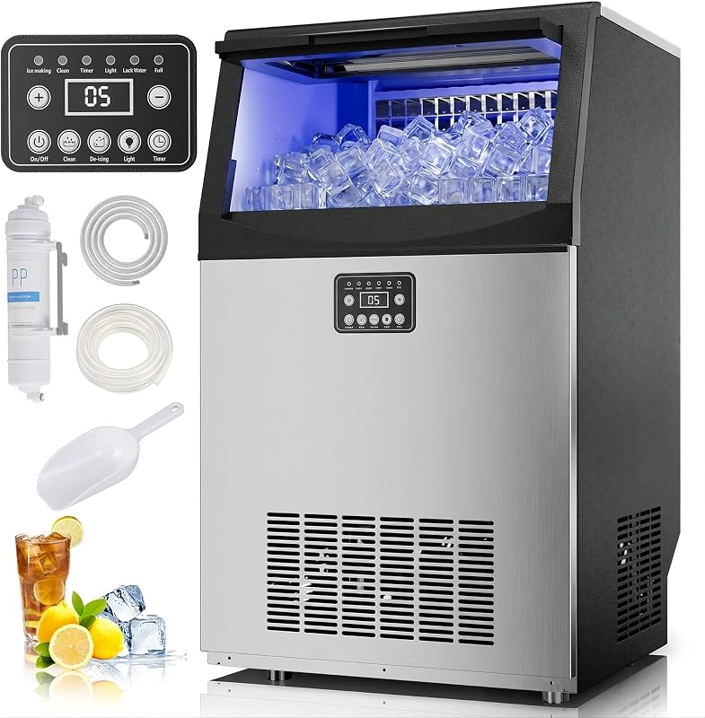 Commercial Ice Maker Machine, 110Lbs/24H Stainless Steel Ice Maker, Under Counter Ice Maker with 33Lbs Storage, 36 Ice Cubes per Cycle, Self-Cleaning,Freestanding,LED Display for Home Bar Restaurant
