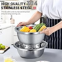 Vista 4 de Colander 304 Stainless Steel 5-quart with Mixing Bowls, Strainer for Kitchen Food For washing vegetables, fruit, rice, Dishwasher Safe. (2PC)