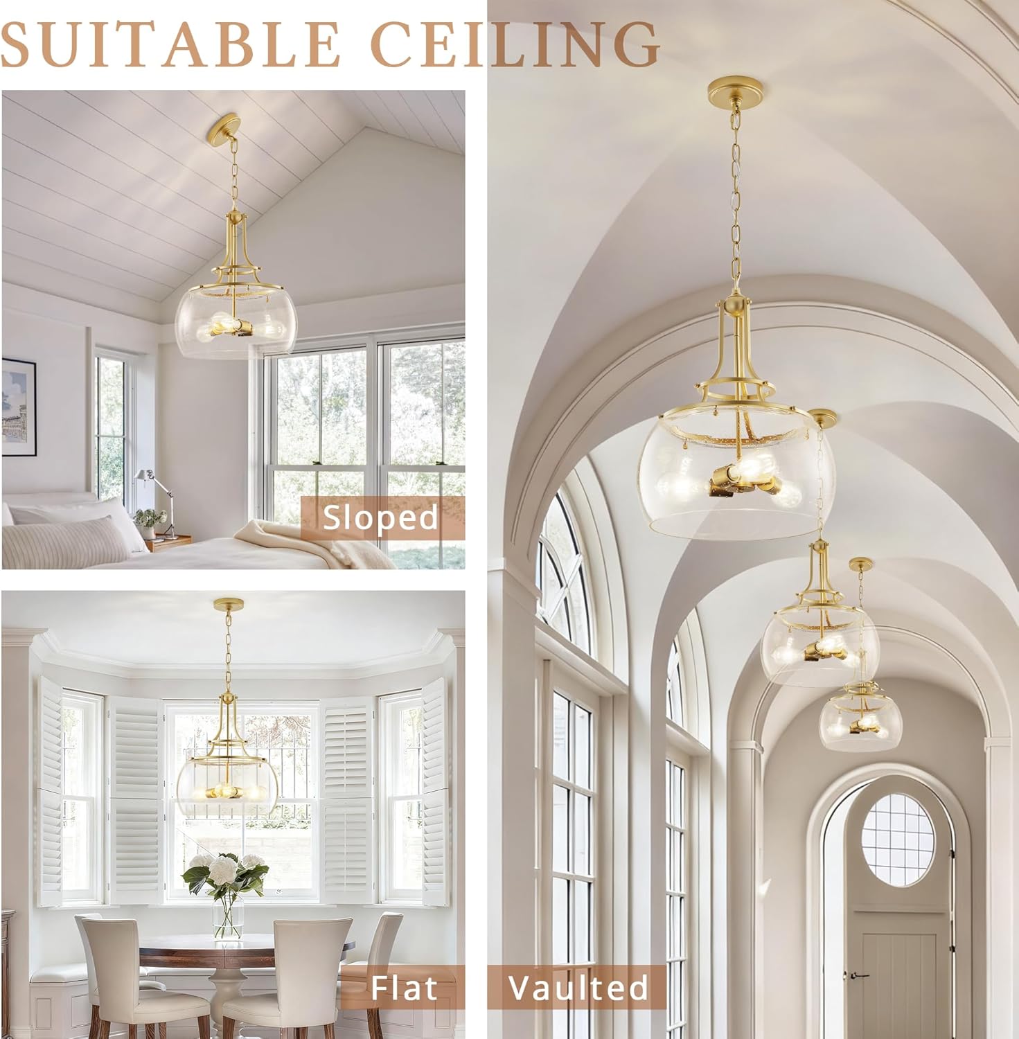 Industrial Round Chandelier Rustic Ceiling Light Fixture 3-Light Farmhouse Pendant Light with Seeded Glass Shade for Dining Room Hallway Entryway Kitchen Bedroom, Gold