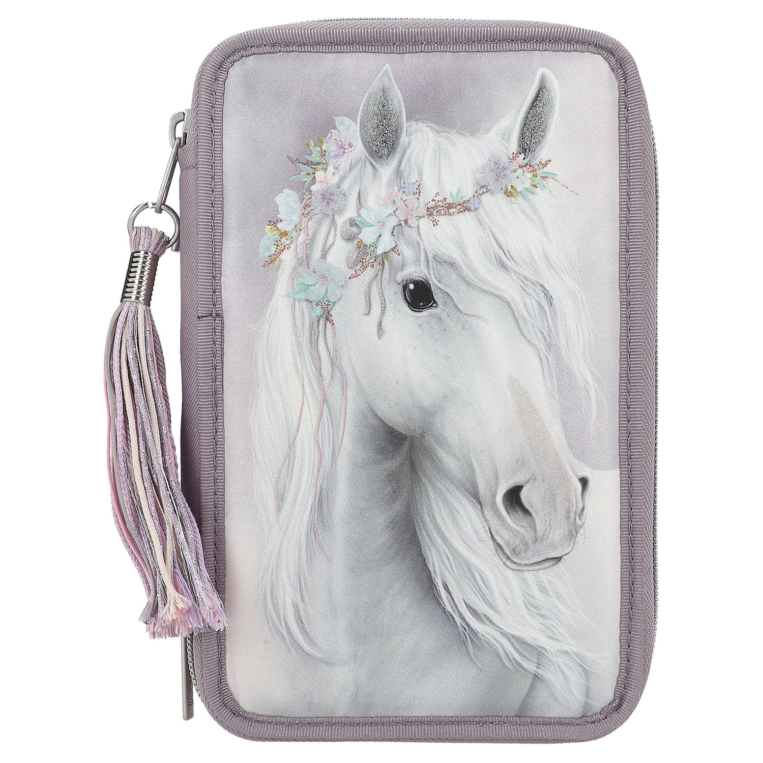 Depesche 13126 Miss Melody Fantasy Horse - Gefüllte 3-Fach Federtasche in Blasslila, mit Pferde Motiv und Glitzer, Federmappe mit Buntstiften, Lineal, Schere UVM.