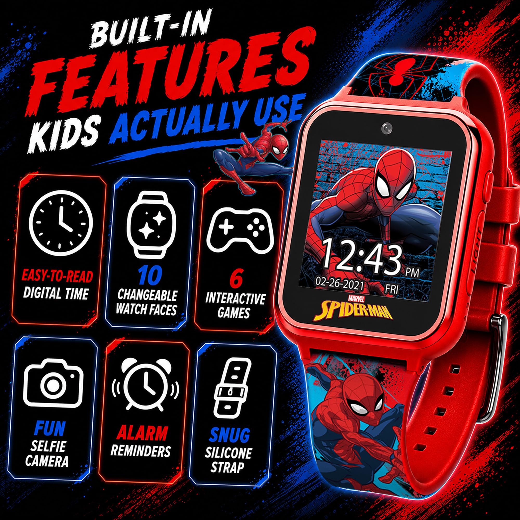 Accutime SPD4588 smartwatch dziecięcy, zegarek dziecięcy z kamerą do selfie, ze stoperem, 6 gier, 3 tła, 10 cyferblatów, dyktafon, zegarek fitness, budzik, czerwony