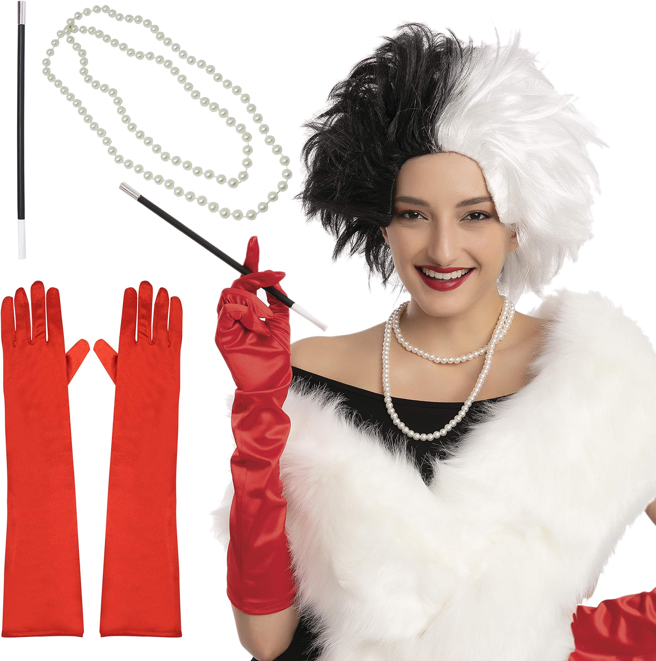 Spooktacular CreationsWomen Black and White Wig Set with Shawl, Gloves, Necklace and Holder Short Bob Wavy Wig Cruel Lady Halloween Wig Cosplay Party Costume Synthetic Wig