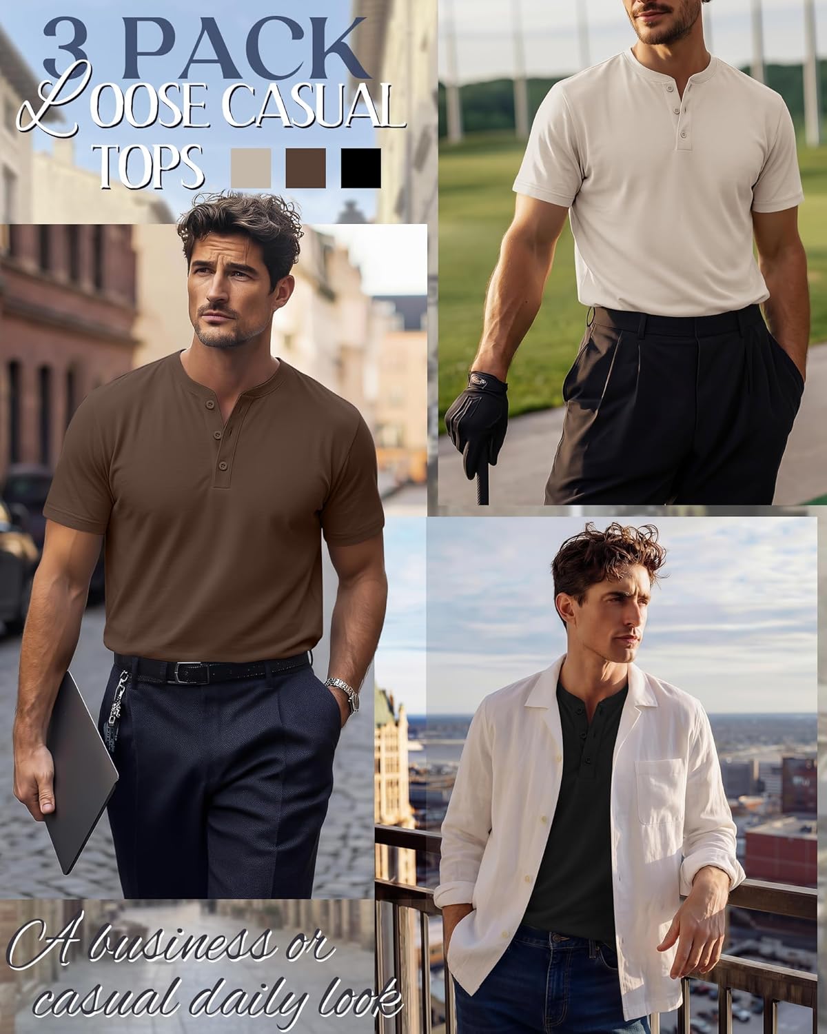 Ficerd 3 Pack Men's Big and Tall Henley T-Shirts Short Sleeve Plus Size Tee Loose Casual Shirts Basic Oversized Tops