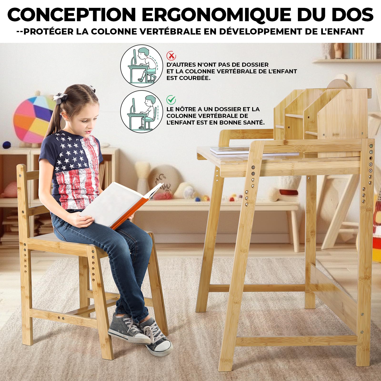 MAMIZO Bureau Enfant en Bambou, Ensemble Chaise Réglable, Support de Livre, Table pour l'Étude et le Travail, Couleur du Bois