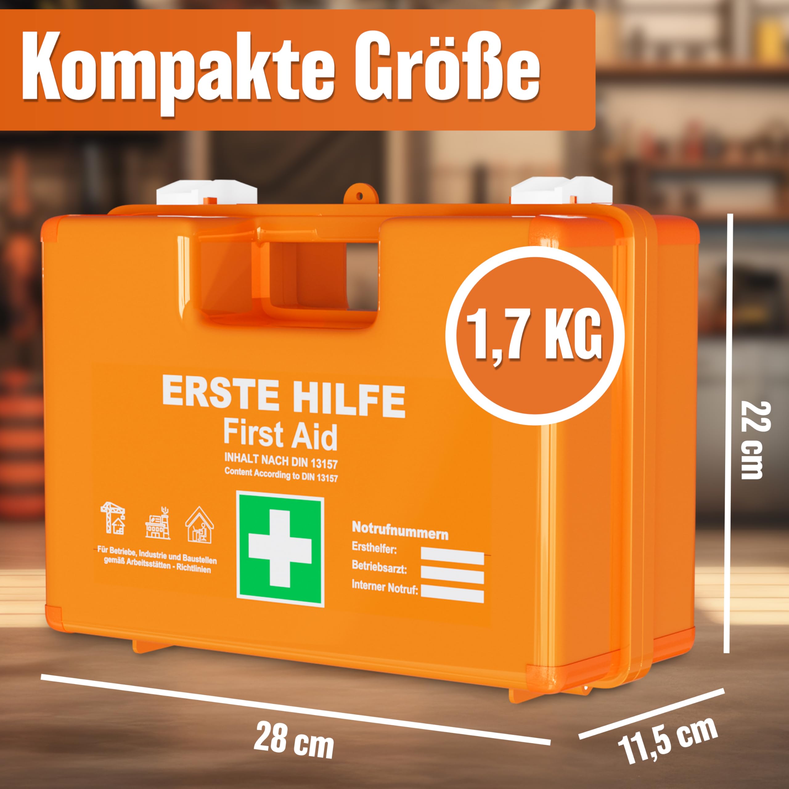 HELDENWERK Trousse de premiers secours selon la nouvelle norme DIN 13157:2021 avec support mural et autocollants | Mallette de premiers secours universelle pour entreprise, maison ou restauration