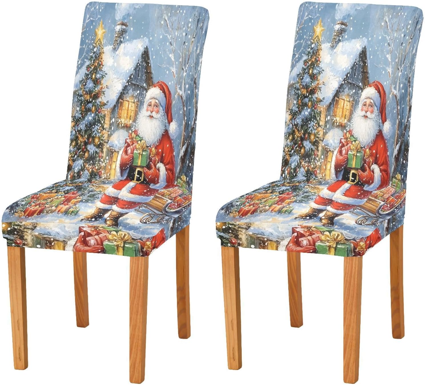ALAZA Chair Covers for Dining Room, Santa Claus Tree Sleigh Stretch Chair Cover Sets Chair Protector Removable Washable for Ktichen Restaurant Hotel