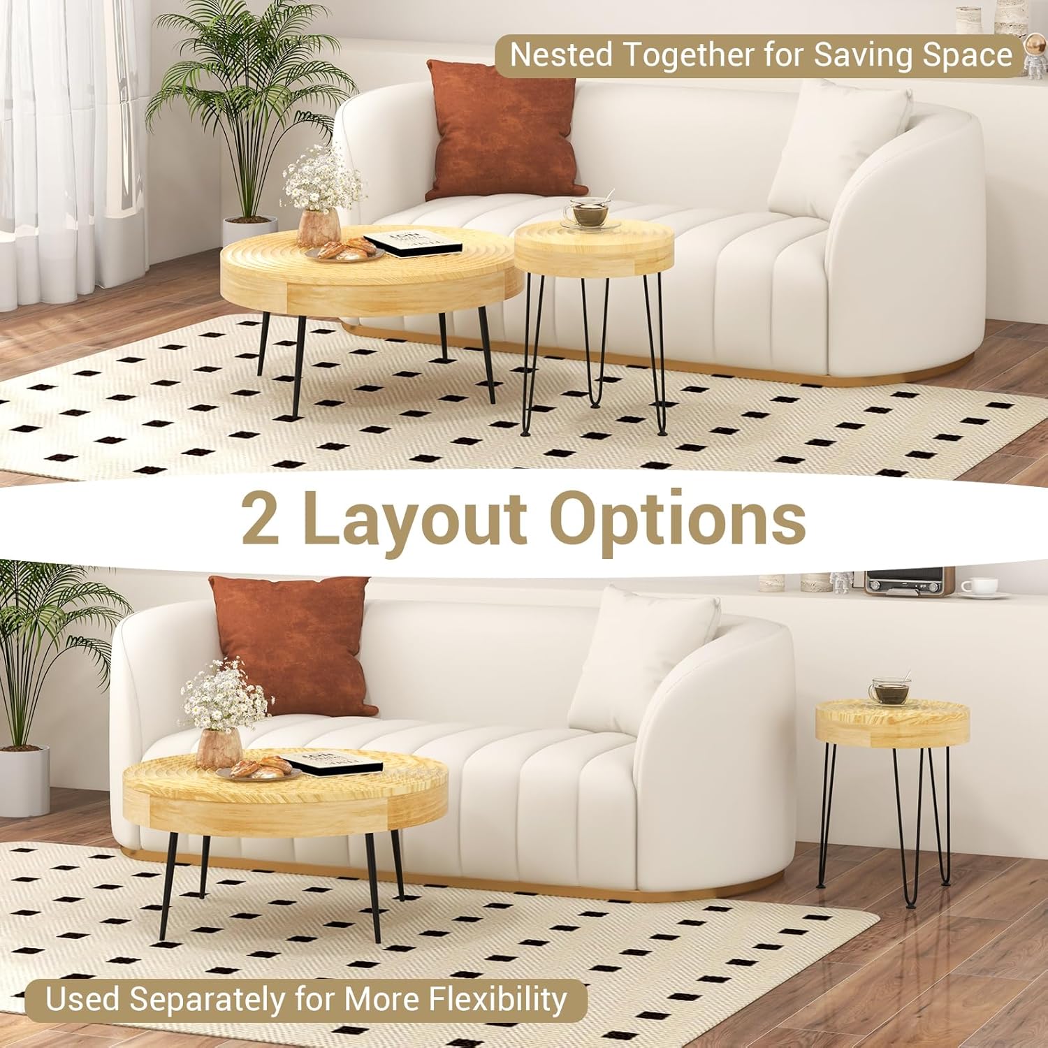 GOFLAME Round Nesting Coffee Tables Set of 2, Boho Nesting Tables with Solid Pine Wood Top & Metal Legs, Circle Coffee Table & End Table, Center Tables for Living Room, Ring Pattern, Natural