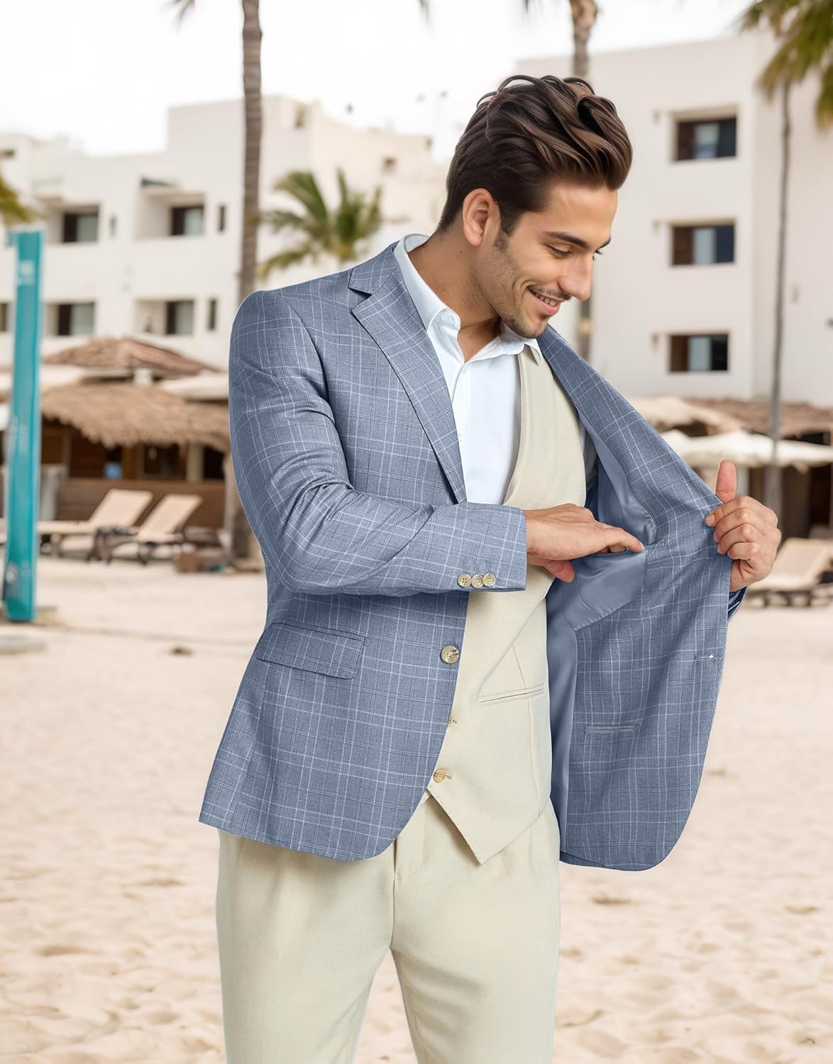 Mens Blazer Slim Fit Stripes Plaid Casual Suit Jacket for Men Two Buttons Business Lapel Sport Coats - Image 3