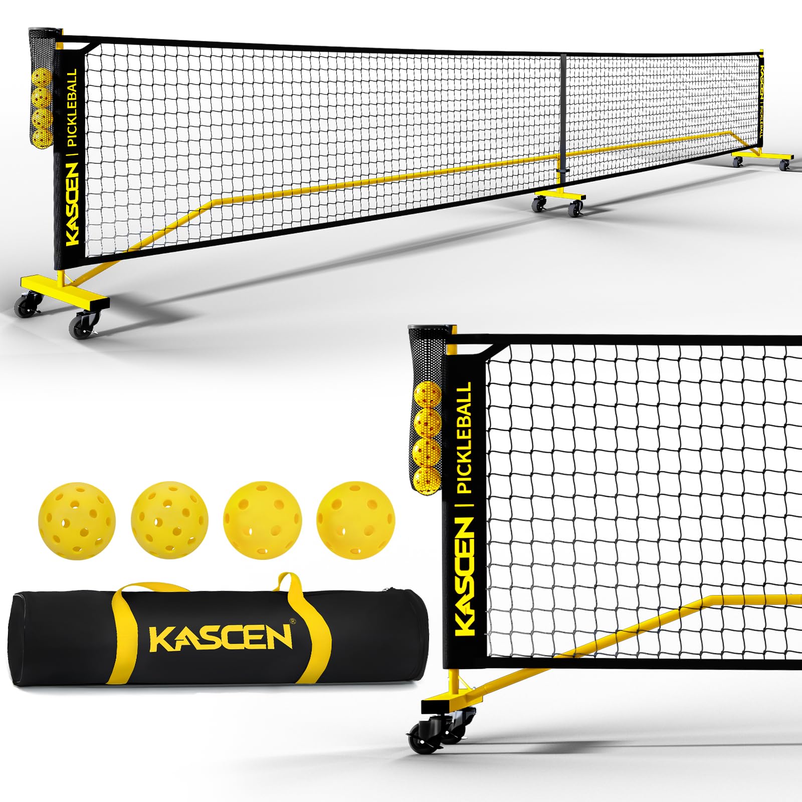 KASCEN Pickleball-Netz – Pickleball-Netz für Auffahrt, 6,6 m USAPA tragbares Pickleball-Set mit Netz, Pickle-Ballnetz mit 4 Pickleballs und Tragetasche, Pickle-Ballnetz für Outdoor, Innenhof,