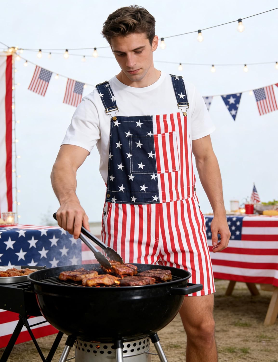 Bib Overalls for Men Adjustable Straps Work Coveralls Printed Shorts Jumpsuit