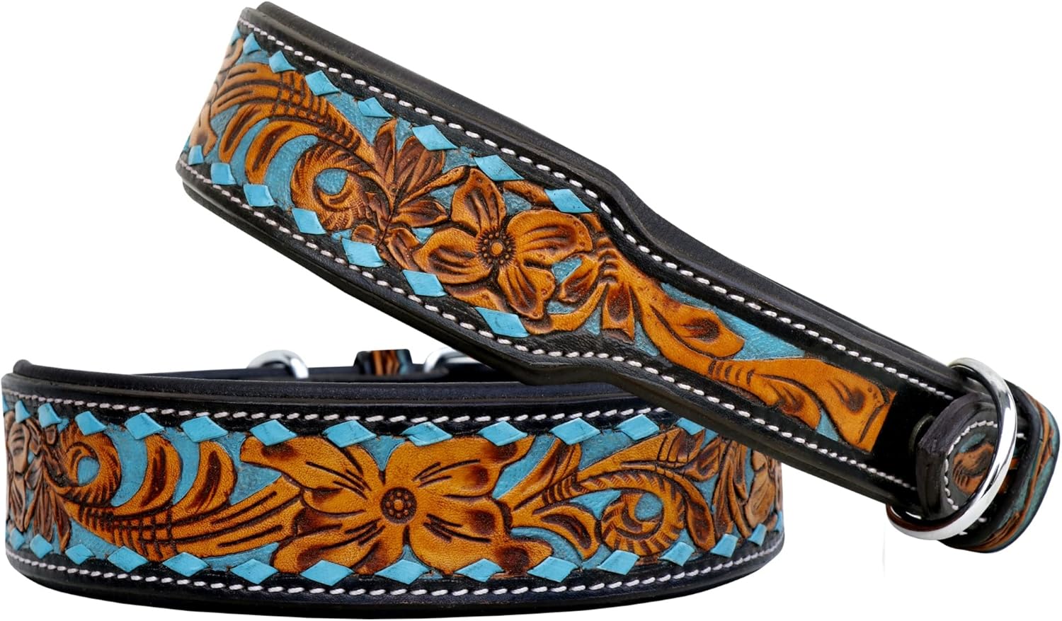 Affilare Leather Dog Collar Western Style Heavy Duty Hand Tooled Adjustable Padded Soft for Puppies and Big Dogs 10AB110-S