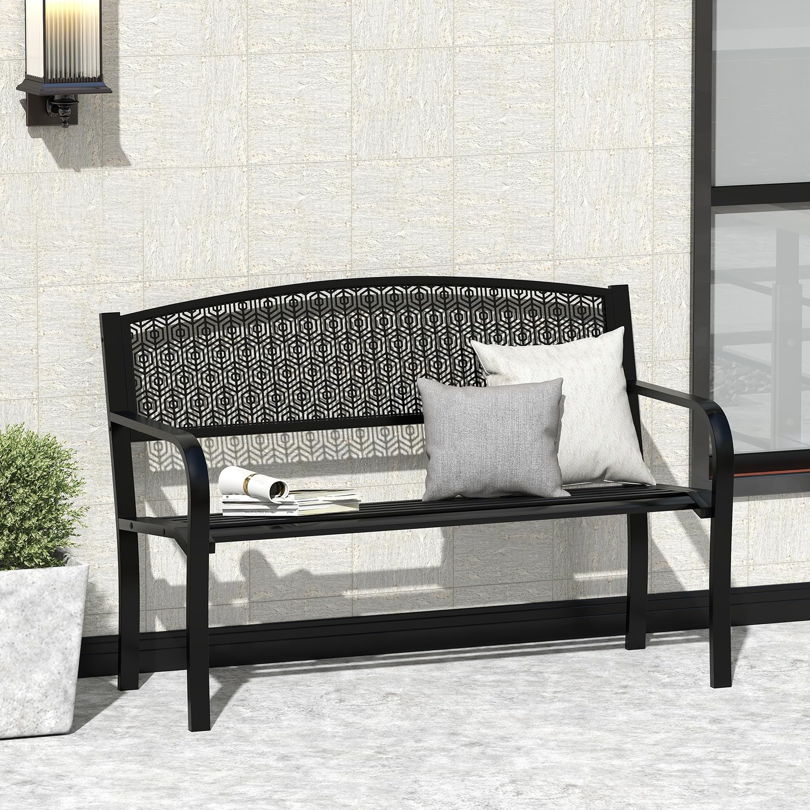COSTWAY Banco Jardin para 2-3 Plazas, Banco Exterior de Metal, Brazos Curvos y Respaldo Clásico, Terraza Patio Balcon, Carga 300kg, 128 x 60 x 86 cm (Negro)