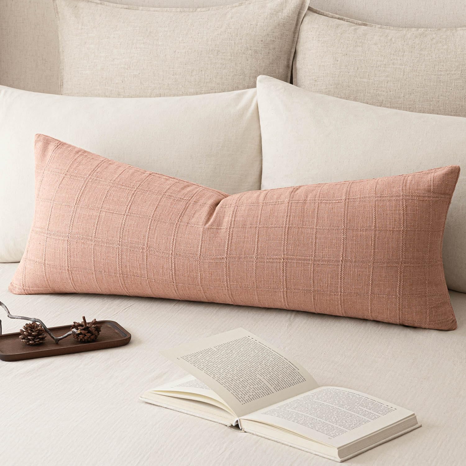 Foindtower Set of 1 Decorative Linen Check Throw Pillow Cover Neutral Long Body Lumbar Cushion Cover Farmhouse Vintage Home Decor for Sofa Chair Couch Bedroom Living Room,14×36 Inch,Coral Pink