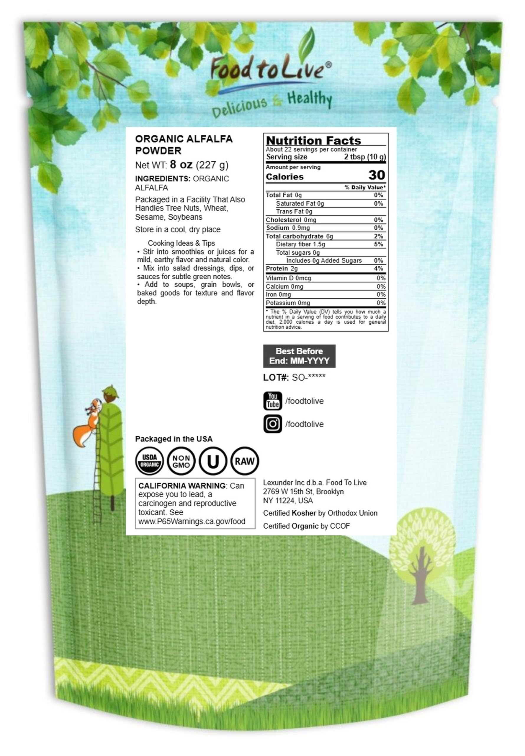 Food to Live Organic Alfalfa Powder, 8 Ounces - Non-GMO, Made from Raw Dried Whole Young Leaves, Vegan, Bulk, Great for Baking, Juices, Smoothies, Shakes, Tea, Drinks. for Dietary Fiber and Protein — Amazon image 2