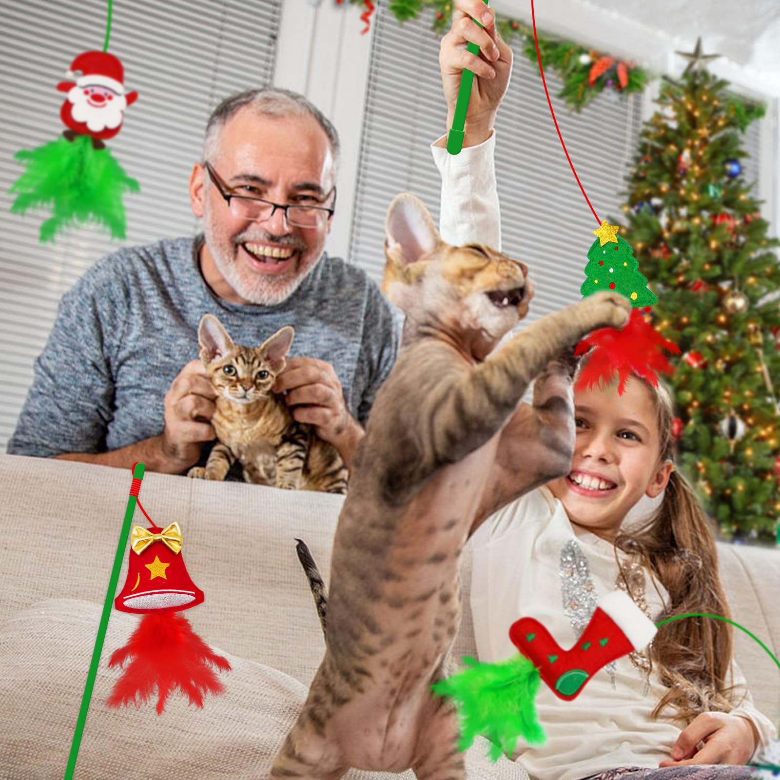 Juguetes de Navidad para gatos, paquete de 4 juguetes de varita para gatos de interior, regalos de gato con hierba gatera y plumas para Navidad, varita de gato de Navidad para gatos y gatitos
