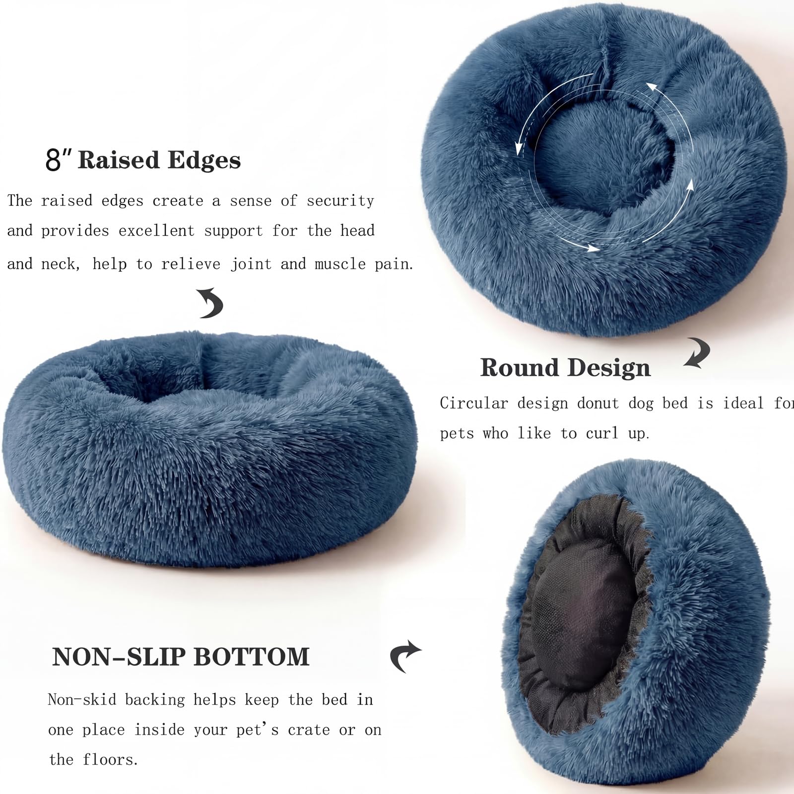 Beruhigendes Hundebett für mittelgroße Hunde, waschbar, Donut-Design, rutschfest, rund, flauschig, Plüsch-Kunstfell, Katzenbett, passend für Haustiere bis zu 20 kg, Marineblau